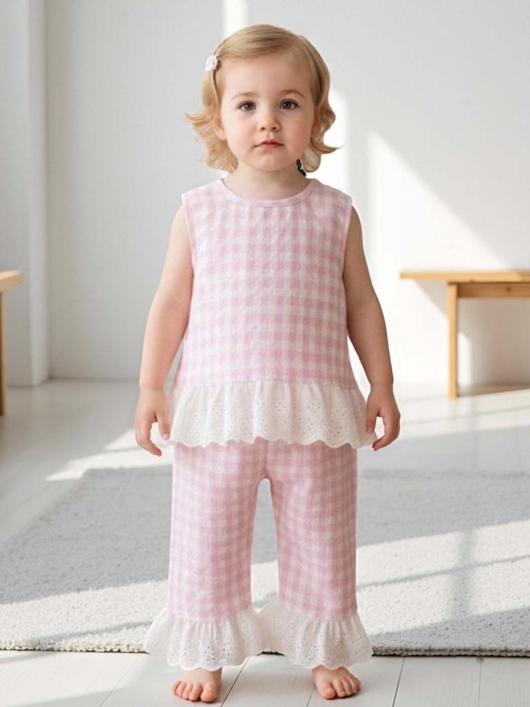 Summer Countryside Style Infant Baby Girls Clothing Set Sleeveless Top with Plaid Long Pants Retro Lace Butterfly Two Piece Outfit