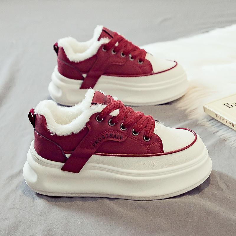 

Модные трендовые высокие хлопковые туфли на осень и зиму 2024 года, новые и плюшевые, теплые и универсальные, повседневные спортивные женские туфли 35 красный