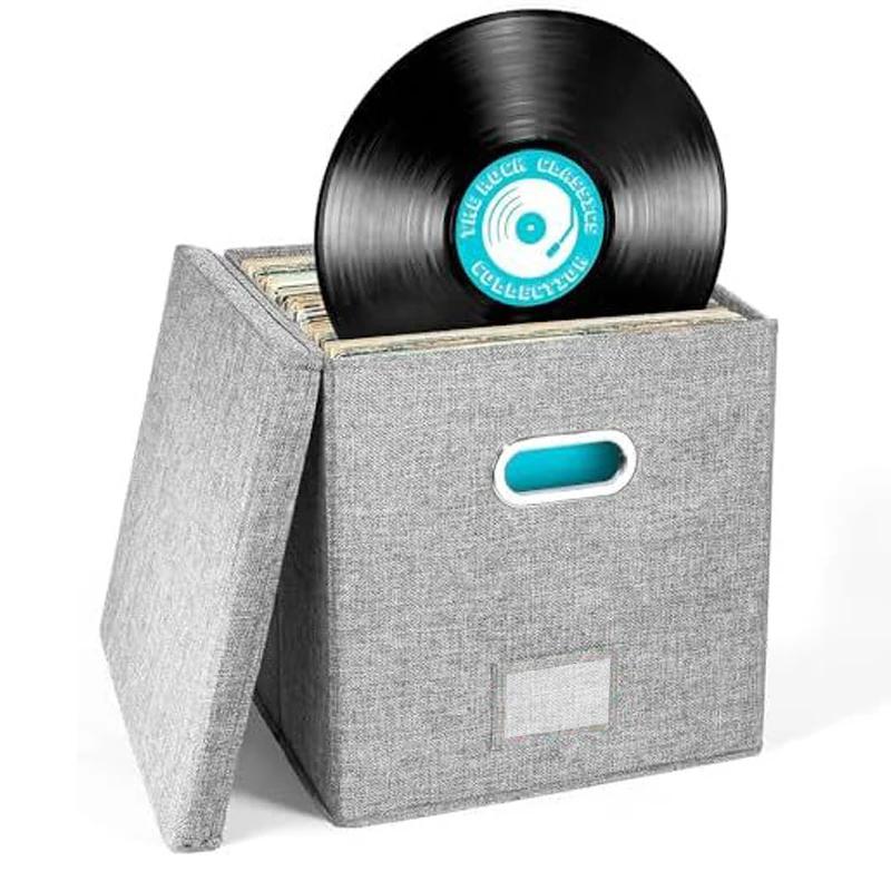 33x33x33cm Vinyl Record Storage Box Vinyl Record Case for Lp Album Storage Linen Fabric Storage Crate Cube Bins with Lid