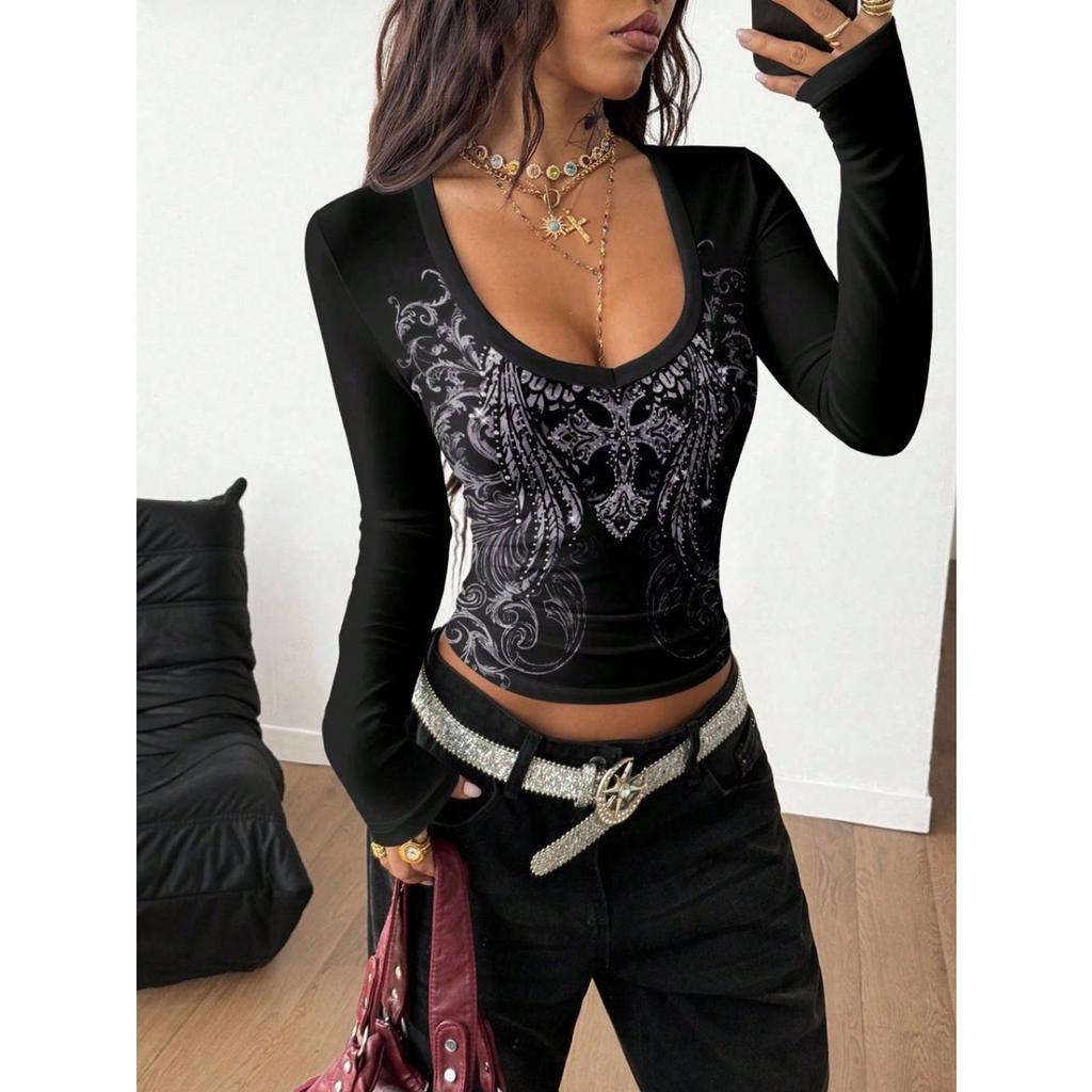 Y2K Streetwear V-neck Bustier T-shirt, Retro Two Tone Racing Uniform Style, Badge Printing with Letters and Numbers
