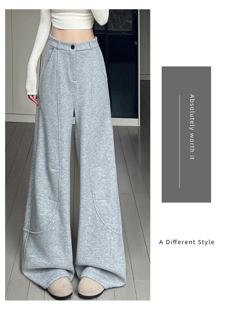 Women's High-Waisted Wool Pants - Black/Grey, Thick, Curved Leg, Autumn/Winter 2025, Slimming Straight-Leg with Velvet, Suit Style.