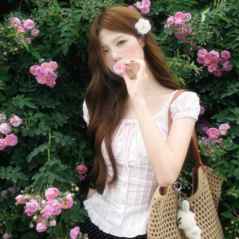 Summer Pink Shirt For Women With Puff Sleeves And Square Neck In Polyester Fabric Perfect For Casual Wear