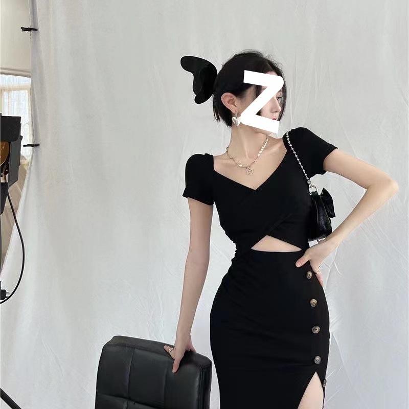 Sexy Pure Desire Style Design Sense Spice Girl Royal Sister Black Short Sleeve Waist Temperament Split Fork Slim Hip Wrap Dress Women