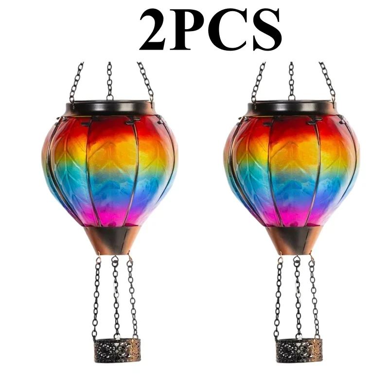 Vintage Solar Garden Lamp LED Flame Effect Hot Air Balloon Outdoor Decor Metal Glass Flickering Lawn Light Waterproof