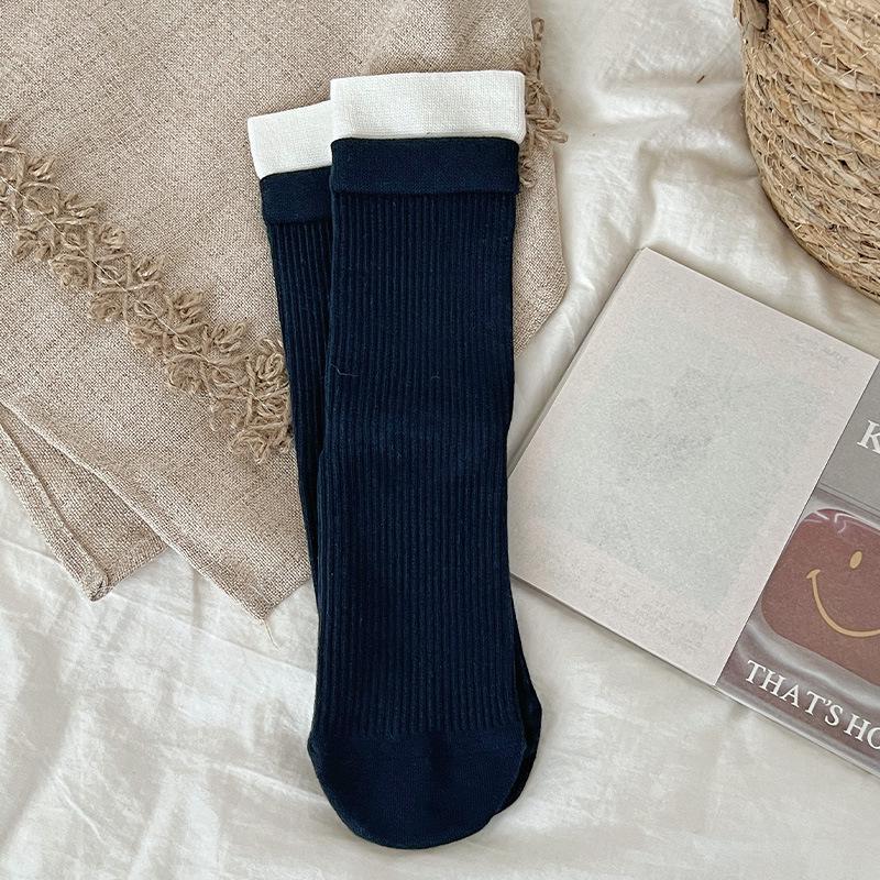 Korean Style Gray Scrunch Socks for Women - Versatile, Ribbed, Color Block, Long JK Design for Spring & Autumn