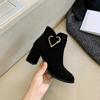 Thick-heeled Fall and Winter Ladies's Boots Suede Short Boots Plus Velvet Round Toe Black Short Boots