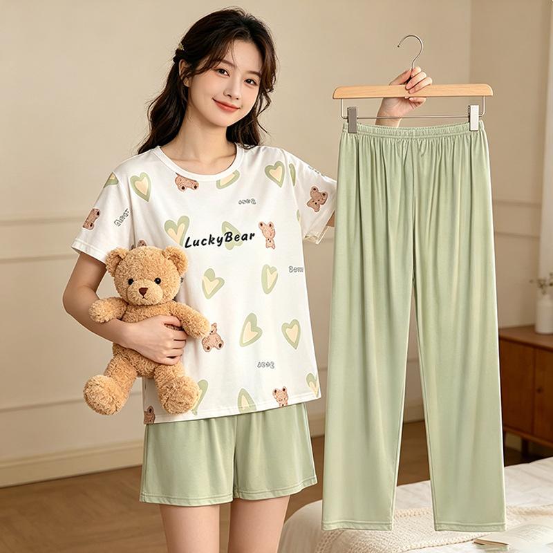 Straight Batch Sweet Cartoon Pajamas Women's Summer Crew Neck Short Sleeve Three-piece Comfortable Cotton Large Size Loungewear Tide