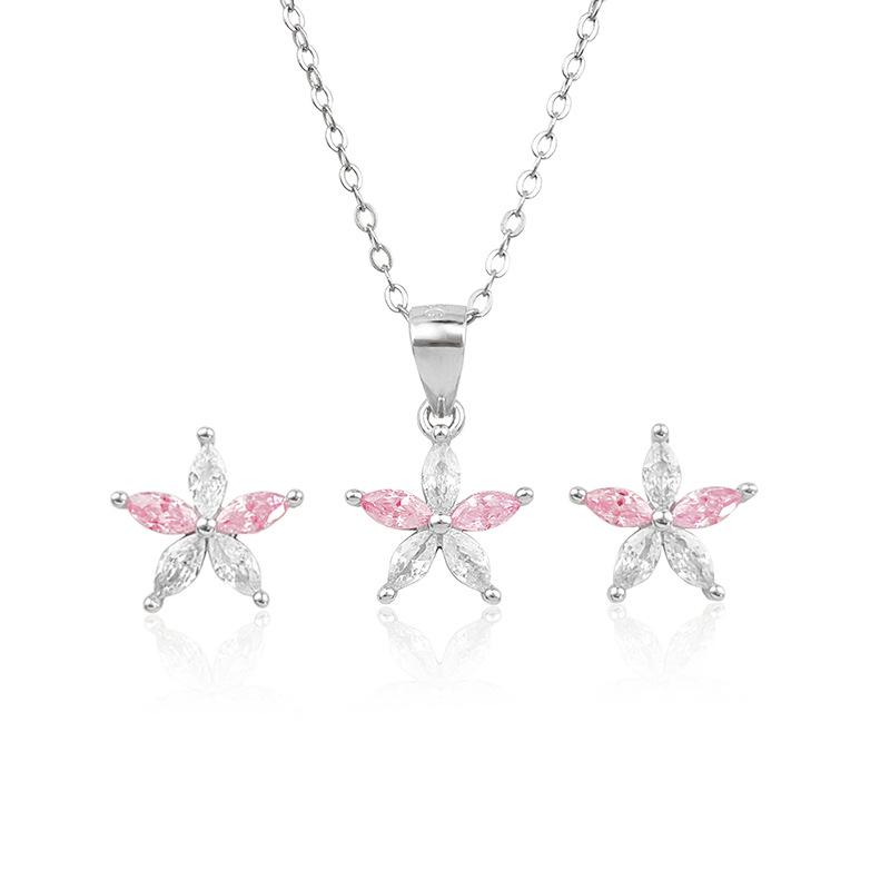 S925 Sterling Silver Pink Star Necklace & Earring Set - Elegant 2025 Clavicle Jewelry for Women