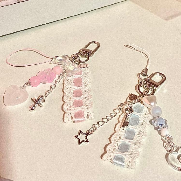 Trendy Lace Ribbon Key Rings Pendant Heart Pendant Key Chains Beaded Accessories