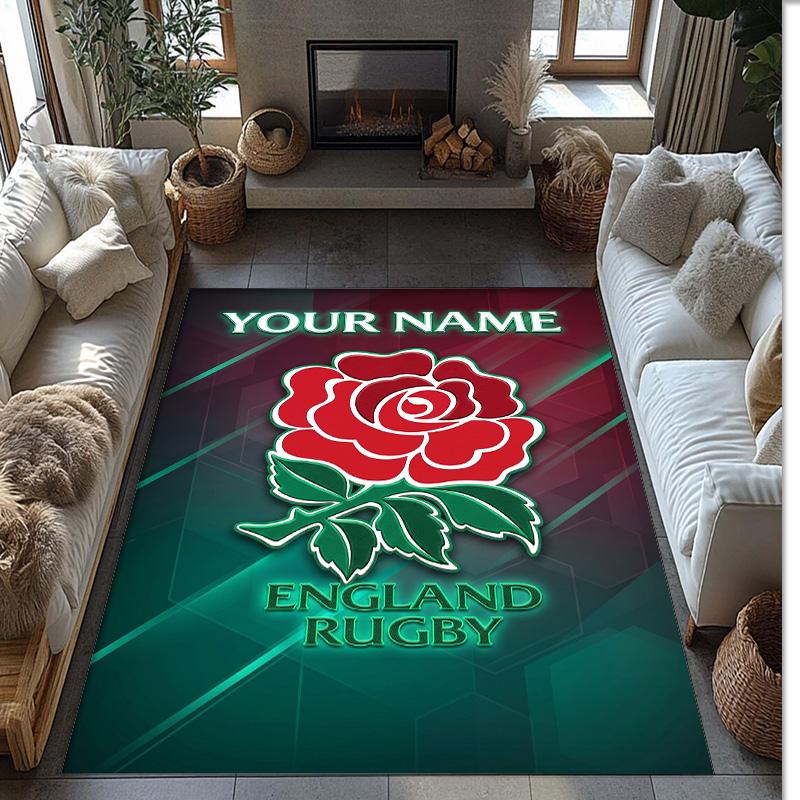England Rugby Crystal Velvet Rug, Custom Name Text Personalized Non‑Slip Floor Mat for Home Decor Gift