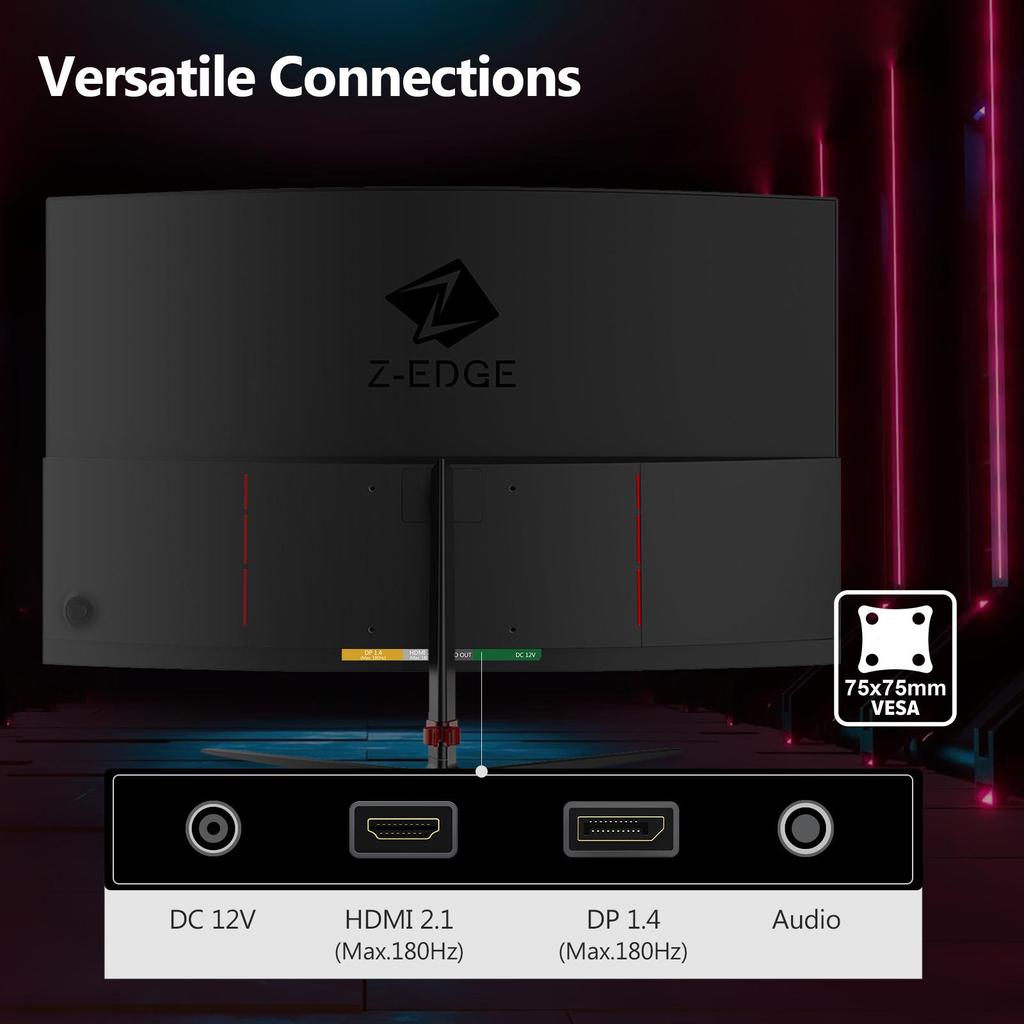 Z-EDGE UG24 Böjd Spelskärm - FHD 1920x1080 - 24 Tum - 180Hz - MPRT 1ms - 300cd/m² - HDMI 2.1 & DisplayPort 1.4 - Svart