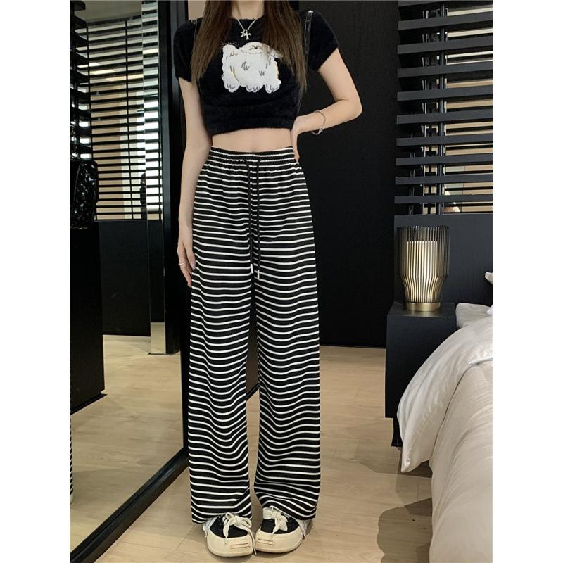 Spring and Summer Thin Straight Leg Wide Pants High Waist Black and White Striped Casual Pants Women Drape Long Pants