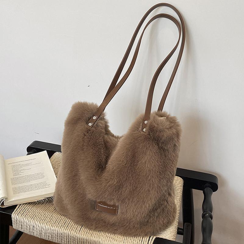 Yogodlns Women's Large Capacity Furry Tote Bag Commute Shoulder Bag Underarm Bag Soft Material Easy To Clean Vertical Square