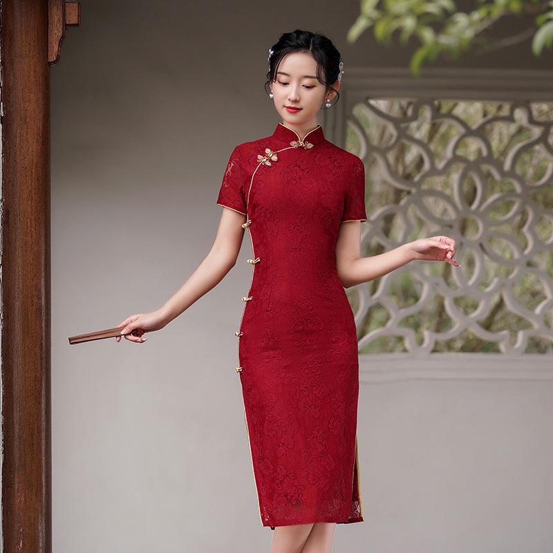 Red 2024 Summer Lace Cheongsam Dress - Young Style, Perfect for Engagements and Daily Wear