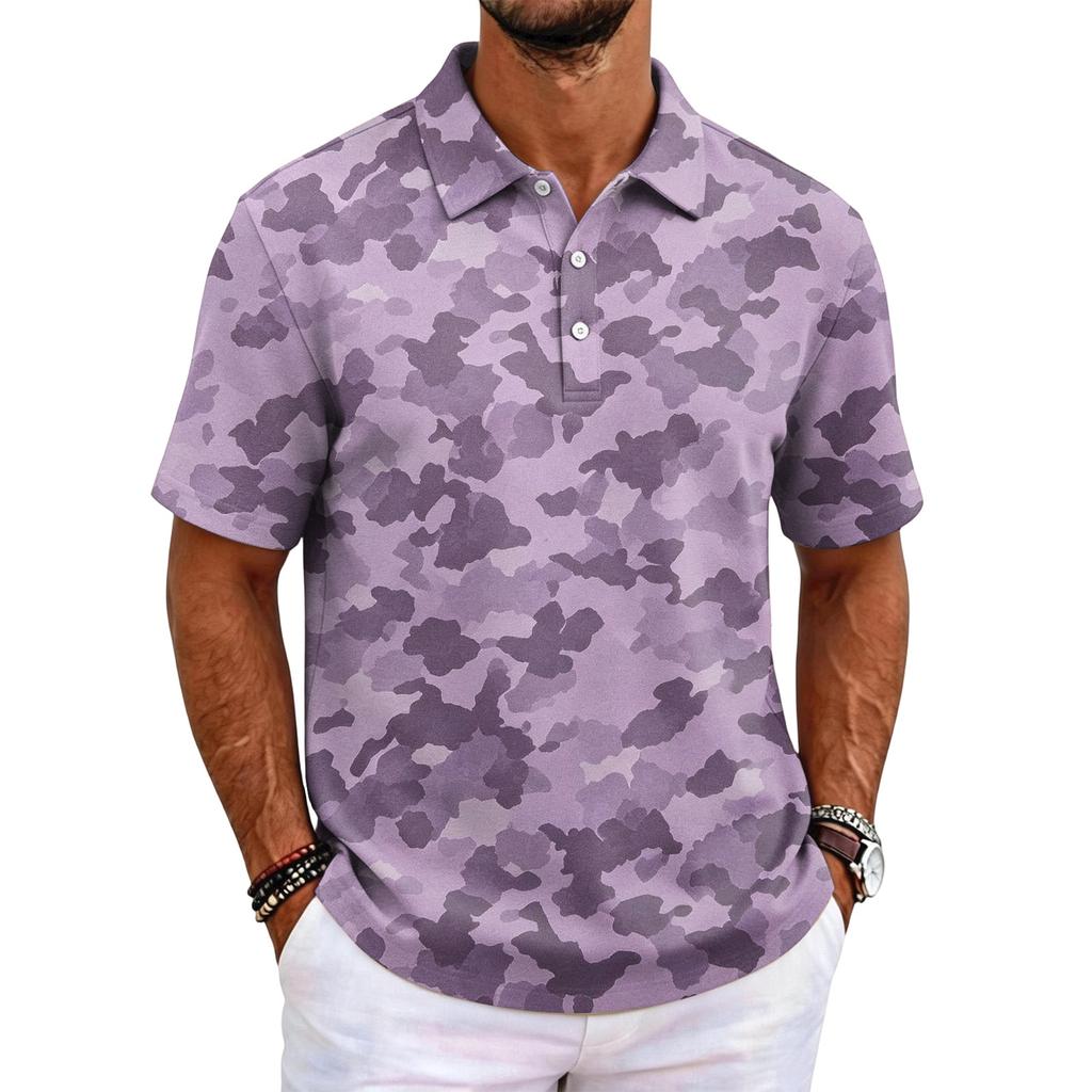 Men's Camouflage Polo Shirt Slim Fit Short Sleeve Business Casual Collar Buttoned Front Breathable Fabric Lightweight Design