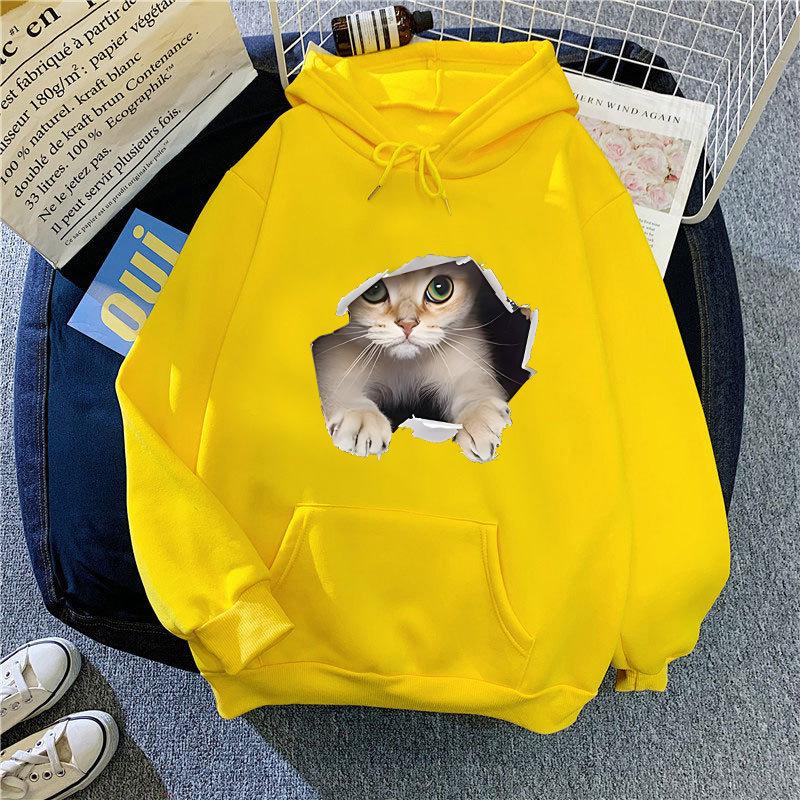 Autumn and Winter Cat Print Loose Hooded Sweatshirt 7013