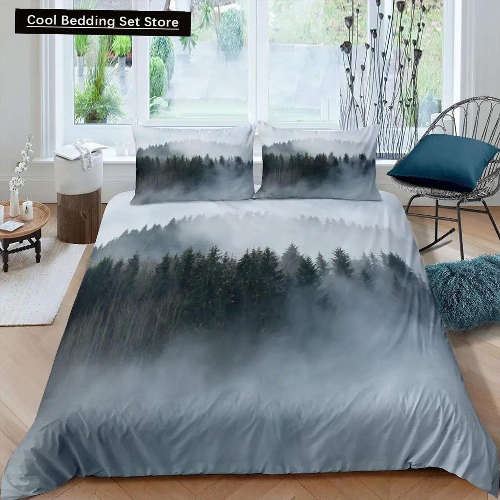 Dumanlı Dağ Nevresim Takımı Çam Ağaçları Yorgan Kılıfı Erkek Çocuk Manzara Yorgan Kılıfı Doğal Manzara Sanat Polyester Yatak Takımı