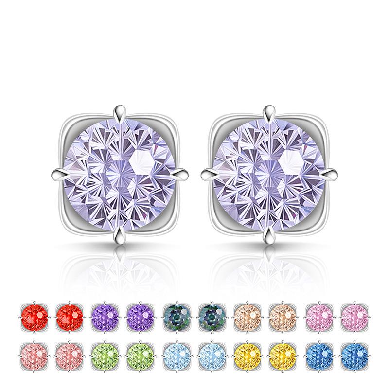 925 Sterling Silver Light Luxury Simple Crystal Zircon Square Round Bud Women's Earrings Birthday Party Anniversary Gift