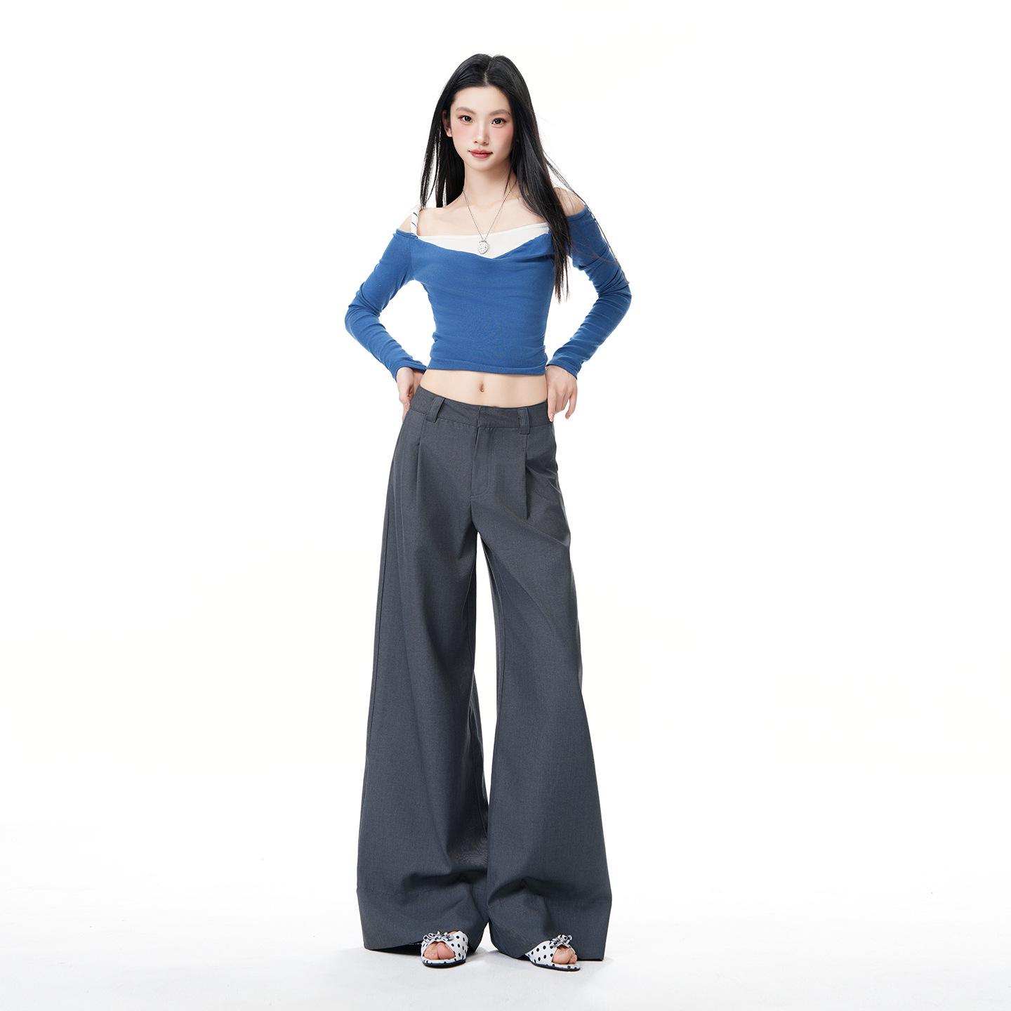 

Women s Gray High-Waisted Wide-Leg Pleated Pants—Spring 2026 Casual and Slimming Style L