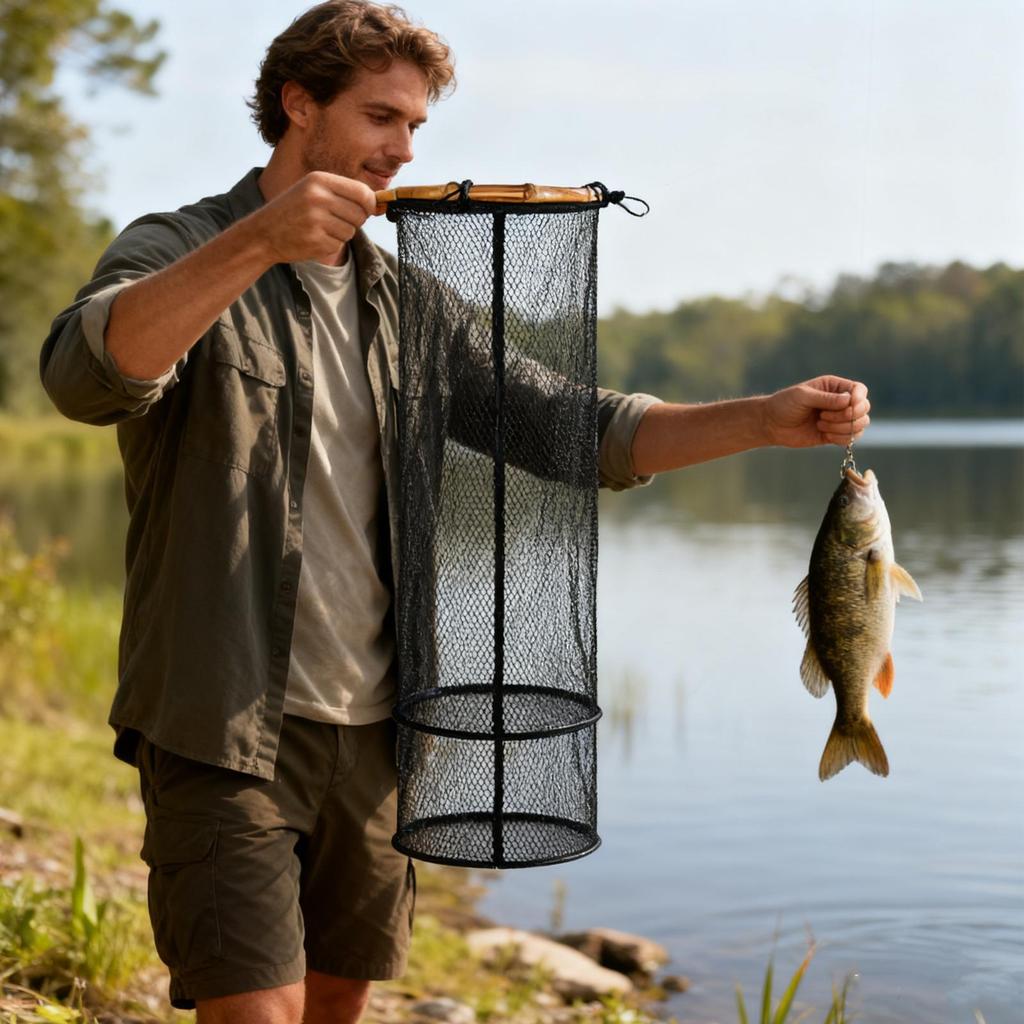 Fish Basket Lightweight Nylon Mesh Bait Storage Cage Foldable Fishing Holder for Kayak Crayfish Baitfish Bass Trout Catfish