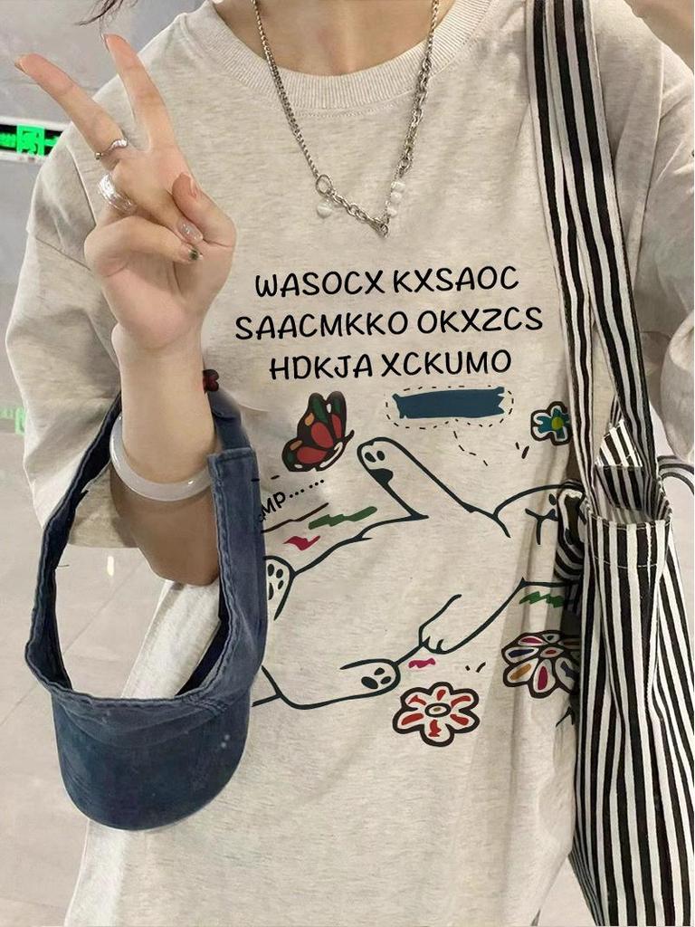 Women's Heather Gray Retro Short-Sleeve T-Shirt - 2025 Summer Loose Straight-Shoulder Design