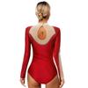 Womens Gymnastics Performance Leotard Sparkle Rhinestones Sheer Mesh Long Sleeve Figure Skating Bodysuit