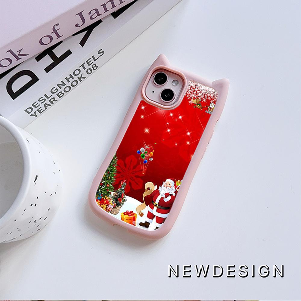 Cat Ear Soft Phone Case for iPhone 16 15 14 13 12 Pro Max Anti-Drop Transparent Acrylic Back Cover NY36 New Year Christmas Santa Claus Christmas tree