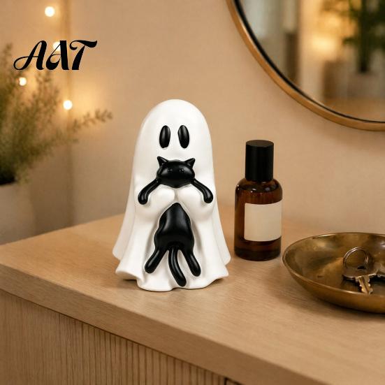 Small Ghost Holding Black Cat Statue Halloween Ornament, Hugging A Sculpture, Decorative Figurine for Holiday Parties Resin Unique Figurine,