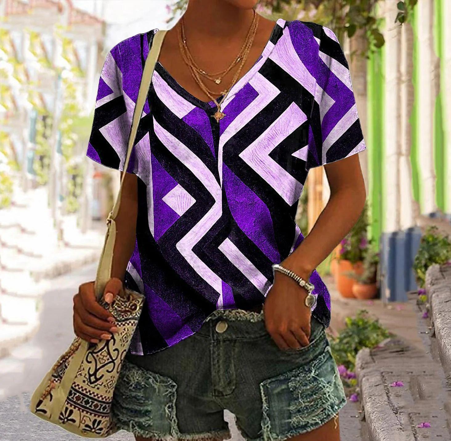 

S-8XL Футболка размера плюс для женщин Винтажная клетчатая печать Топы Женская одежда Пуловер с V-образным вырезом Летние свободные футболки с коротким рукавом 6XL