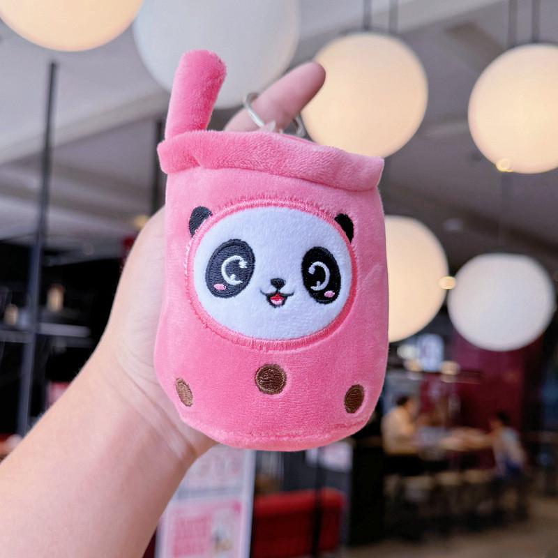 Cute Cartoon Panda Rabbit Fruit Milk Tea Cup Plush Toy Pendant Keychain Kids For