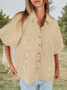 Blusa de Mujer Rayada con Mangas Abullonadas, Cuello en V, Cuello Camisero, Botones, Top Holgado