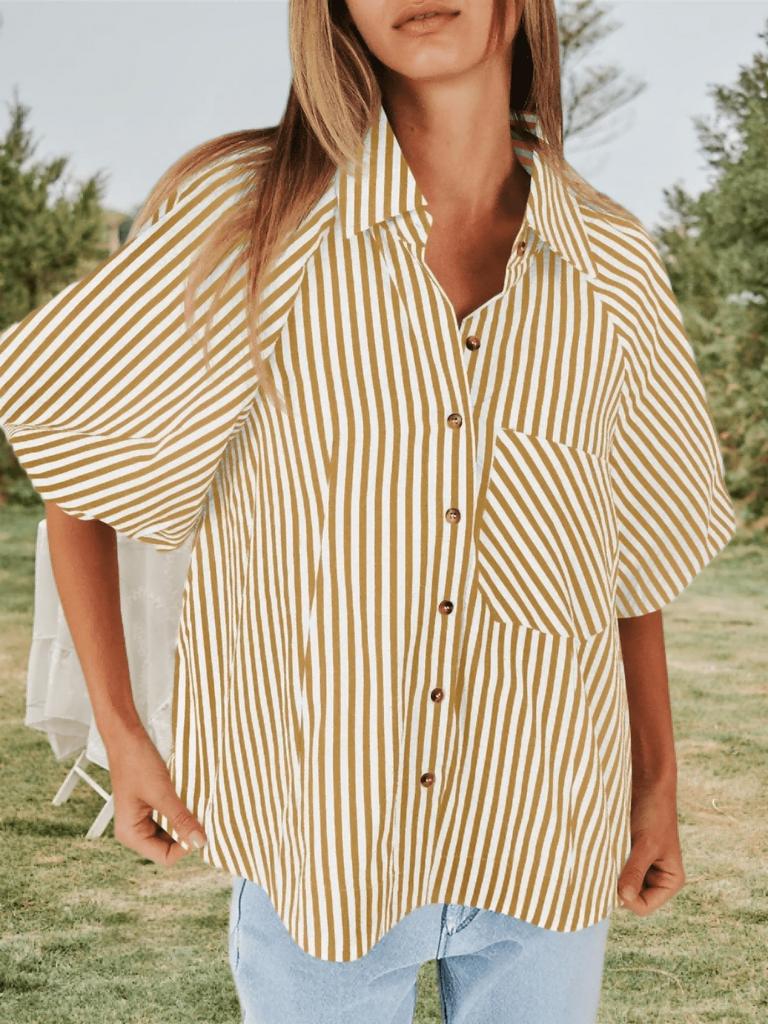 Blusa de Mujer Rayada con Mangas Abullonadas, Cuello en V, Cuello Camisero, Botones, Top Holgado