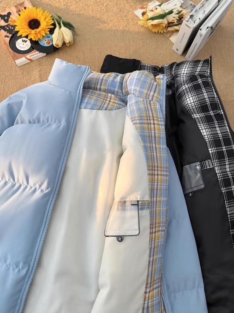 Unisex Black Plaid Patchwork Cotton Jacket – Warm Stand Collar Winter Outerwear