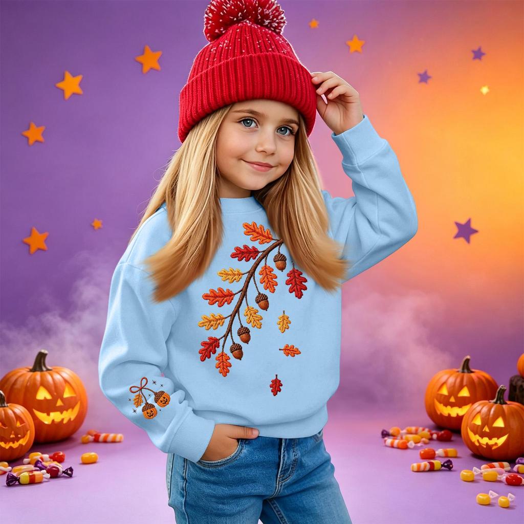 Kids' casual long-sleeved sweatshirt with Halloween print, suitable for holiday parties and everyday wear.