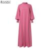 ZANZEA Women Casual Stand Collar Loose Solid Color Long Sleeve Maxi Dress