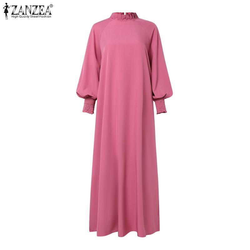 ZANZEA Γυναικείο Καθημερινό Μάξι Φόρεμα με Όρθιο Γιακά, Άνετη Γραμμή, Μονόχρωμο, Μακρυμάνικο