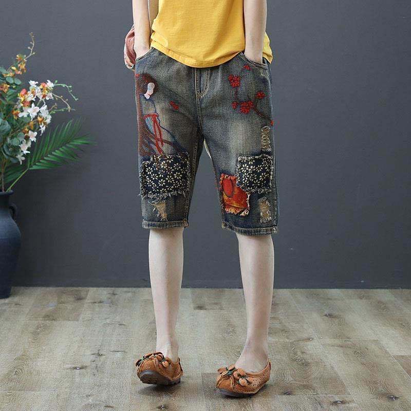 Women's New Summer Cowboy Shorts Thin Loose Slim Versatile Elastic Waist Straight Leg Pants