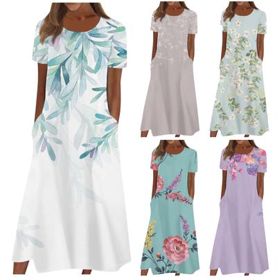 Women's Summer Casual Fashion Floral Print Short Sleeve Round Neck Pocket Dress