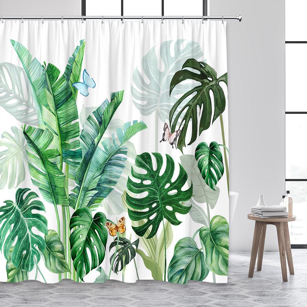 Tropical Plant Leaves Shower Curtain Hummingbird Palm Leaf Monstera Butterfly Watercolour Art Fabric Home Decor Bathroom Curta