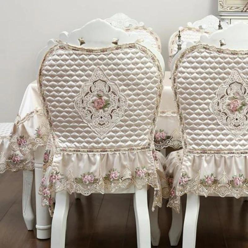 High End Velvet Lace Edge Stoltrekk Husholdningsstoler Anti-skli stropper Seteputer Ryggstøttetrekk Krakk Støvbeskyttelsestrekk