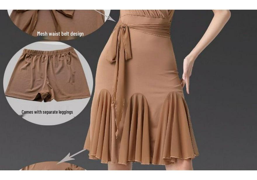Vestido de Práctica Latino de Baile de Salón Delgado de Manga Corta para Mujer
