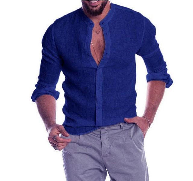 Autumn and winter V-neck linen new cardigan stand-up collar long-sleeved men's shirt