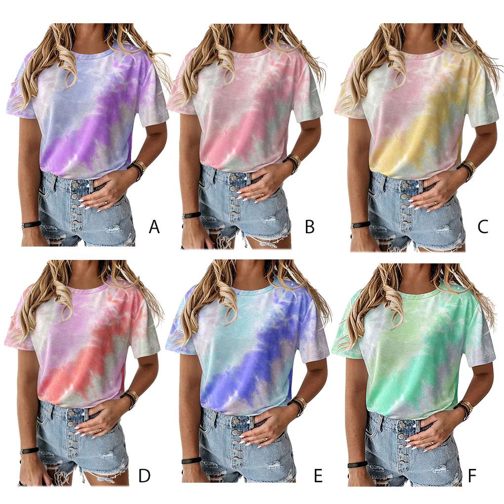 Women Tie-dye Printed Round Neck Short Sleeve Shirt