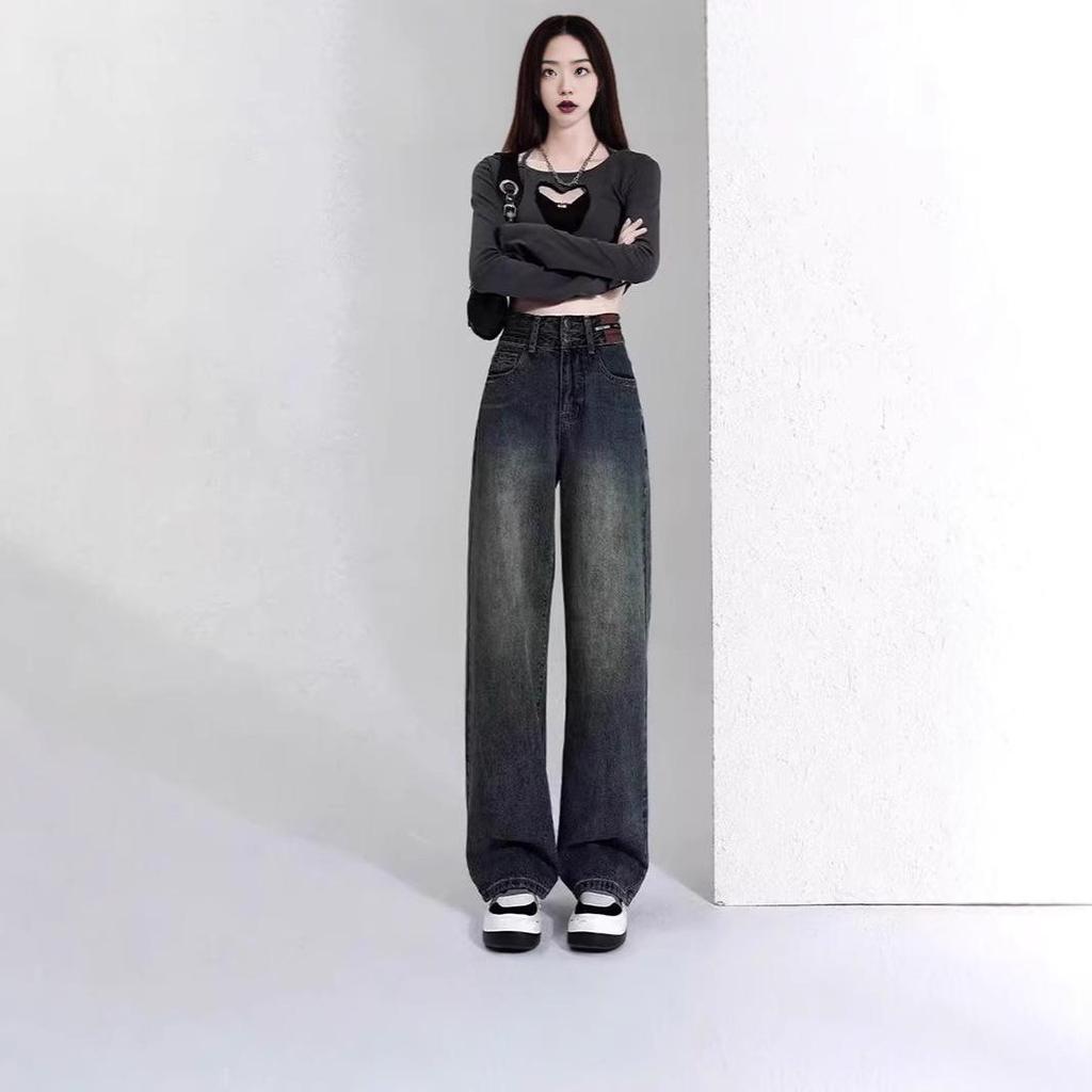 Women's Fleece-Lined Wide-Leg Jeans: New 2024 Autumn/Winter Petite Style, Thickened and Straight-Leg Design.