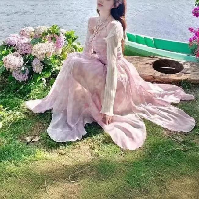 French First Love Sakura Pink Spaghetti Strap Dress for Women, Summer Blended Floral Irregular Hem Vacation Long Dress
