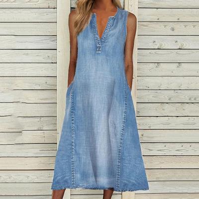Vestido Midi de Mezclilla sin Mangas con Cuello en V Resistente al Encogimiento Bolsillos Bajo Amplio Vestido Midi para Mujer Ropa de Calle