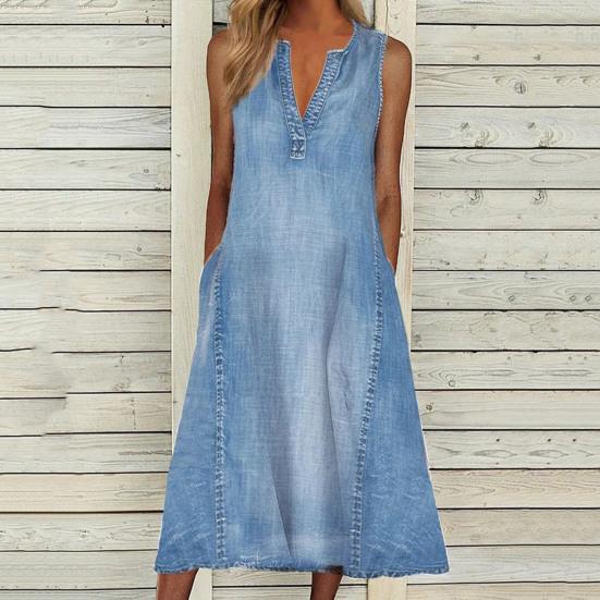 Sleeveless V Neck Denim Dress Shrink-resistant Pockets Large Hem Women Midi Dress