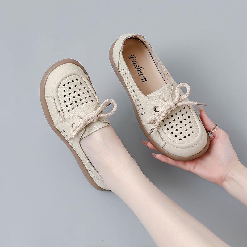 Chaussures Plates Ouvertes Respirantes pour Femmes Semelle Souple Confortables Chaussures en Cuir Talon Plat Bas Été Décontractées