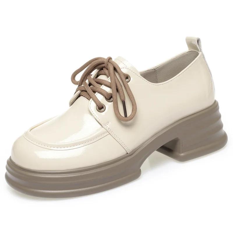 

Модные женские лоферы черные с круглым носком на платформе оксфорды обувь для женщин 2025 весна новые в британском стиле на шнуровке лакированные лоферы 34