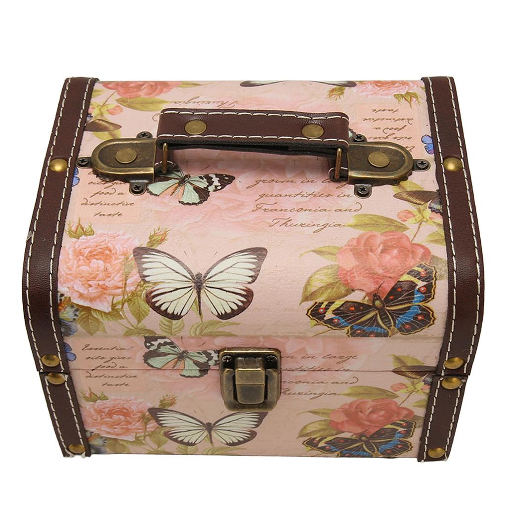 Truhla na poklady Růžový motýlí vzor Vynikající retro dřevěná úložná krabice z PU kůže pro dívku ženu
